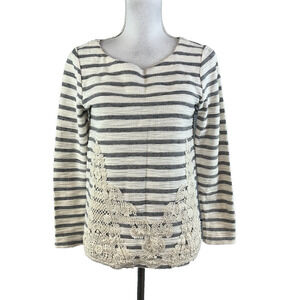 Cupio Top Pullover size Small Ivory Black Striped Lace Shabby Chic Boho Stretch